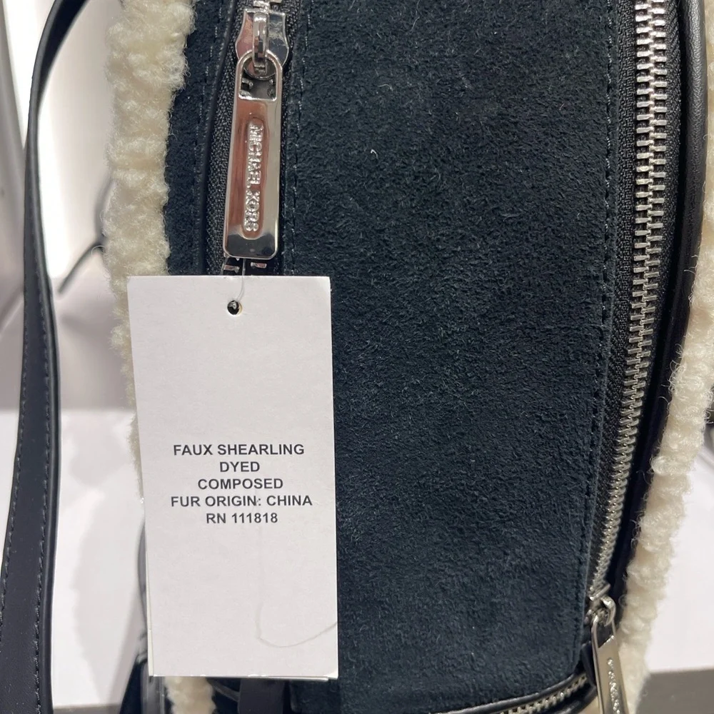 MICHAEL KORS Rhea Medium Suede and Faux Shearling Backpack Black NWT